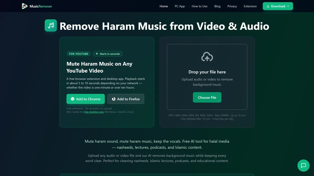 Music Remover’s website: an “Add to Chrome” card for muting music on YouTube videos, next to a drop zone for uploading audio or video files.