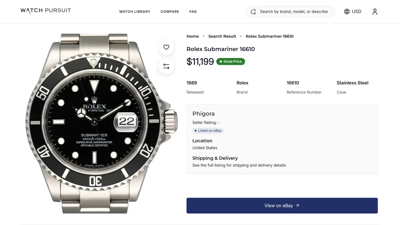 A Watch Pursuit listing page: a Rolex Submariner 16610 at $11,199 with a “Great Price” badge, its specs, and the eBay seller it comes from.