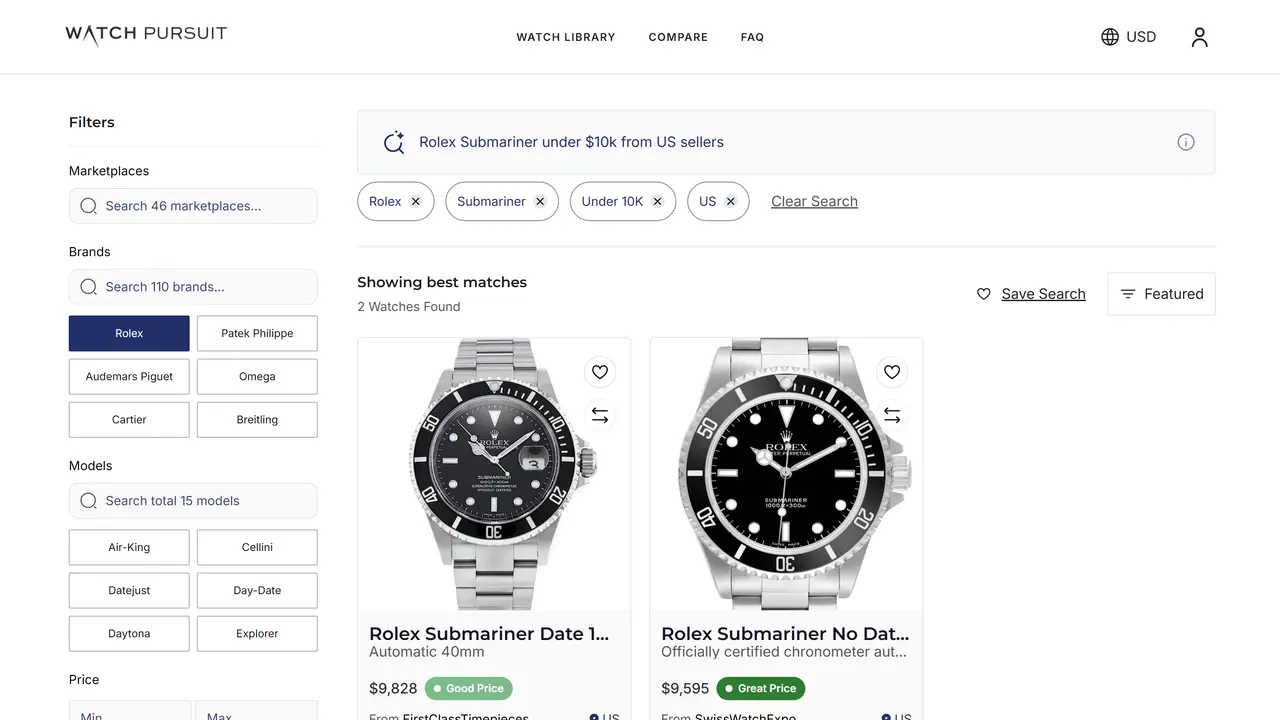 Watch Pursuit search results for “Rolex Submariner under $10k from US sellers”, turned into Rolex, Submariner, Under 10K and US filter chips, with the filter sidebar on the left.